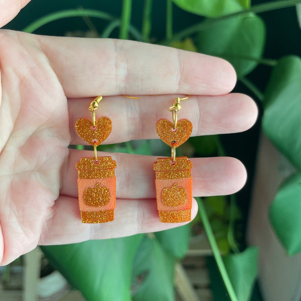 New Handmade Glittery Orange Heart and Coffee Cup Fall Pumpkin Spice Earrings